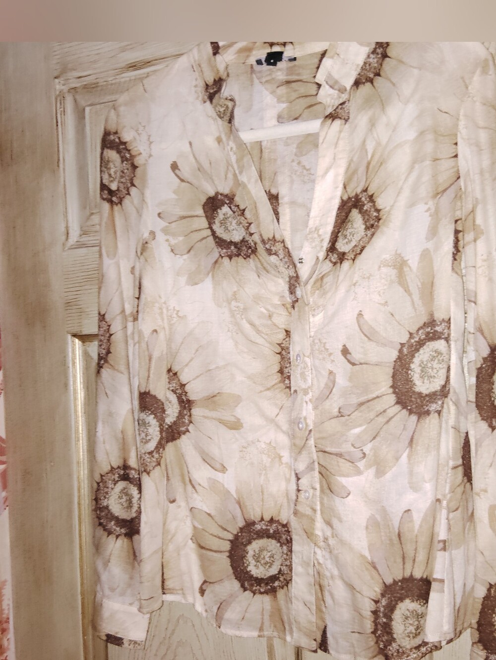 Vintage Worth Cotton Floral Semi-Sheer Brown Tan Blouse Sz 6